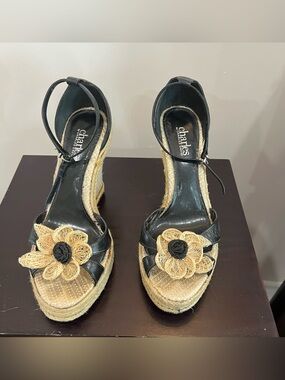 Charles by Charles David Black Wedge Sandals with Natural Floral Accent